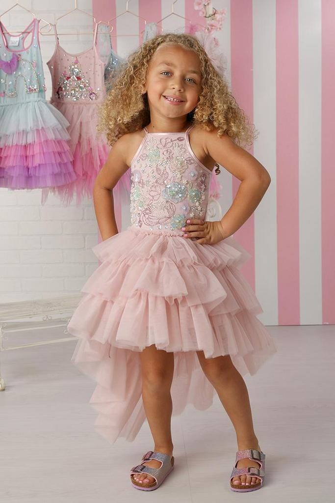 Pink Tiered High Low Dress with Plum and Blue Embellishments